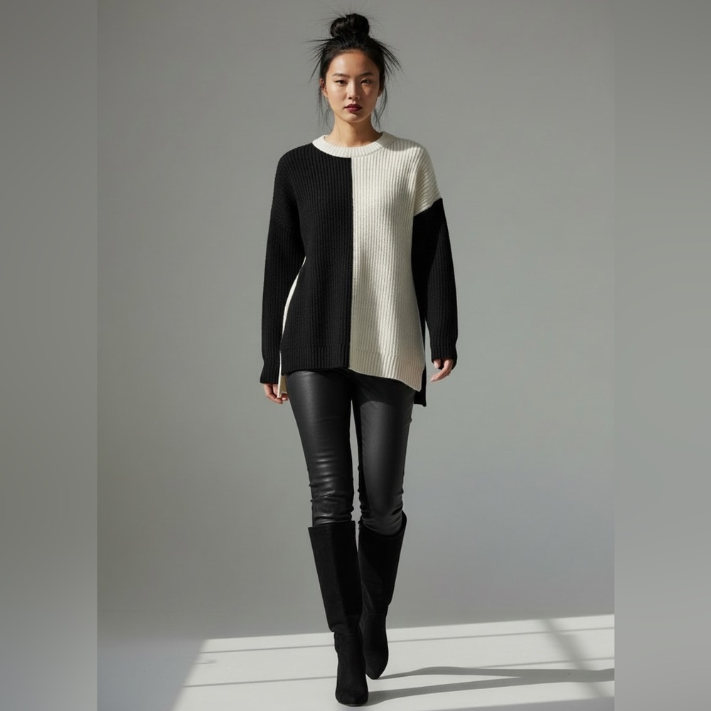 Alice + Olivia Black & Cream Colorblock Oversized Sweater | Size L - Picture 2 of 9